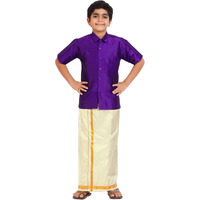 Prakasam Cotton- Art Silk Traditional Boys Dhoti Set, Shirt With Cream Dhoti, Gold Border, Short Sleeve (7-8 Years, Violet)