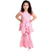 Pspeaches Girls Pink Floral Striped Empire Pure Cotton Kurti With Sharara (Pink-5-6Y)