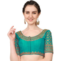 Pujia Mills Women's Silk Embroidery Sequin Stone Work Readymade Saree Blouse