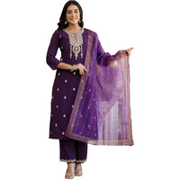 Sanisa Women's Silk Embroidery And Sequins Work Straight Kurta With Pant And Dupatta Set (240Kbd2532N-M_Dark Purple)