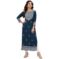 Rytras Women's Embroidered Straight Kurta(Teal Blue,S)