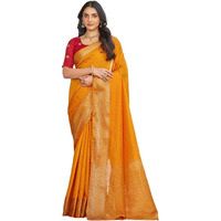 Satrani Women's Kanjivaram Silk Weaving Saree With Unstitched Blouse Piece (4247S611N_Turmeric Yellow)