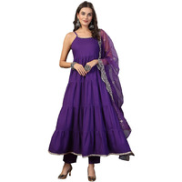 Stylum Women's Solid Rayon Tiered Kurta Pant Dupatta Set (Kpdvoilbar36_Violet, S)
