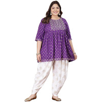 Stylum Plus Size Women Printed & Embroidered Rayon Kurti With Dhoti Pant (Kdvoilmahiplus48_Violet, 4Xl)