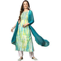 Stylum Women's Shibori Printed & Embroidered Rayon A-Line Kurta Dupatta Set (Kdlimelimca36_Lime Green, S)