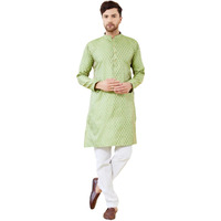 See Designs Men Full Sleeve Sleeve Side Slit Mandarin Collar Green Ethnic Motifs Silk Jacquard Woven Design Straight Kurta With Pyjama - Bnrskt72601L