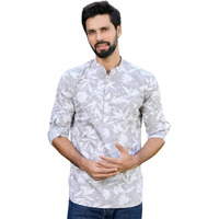 See Designs Men's Roll-Up Sleeve Mandarin Collar Light Gray Tropical Printed Rayon Short Kurta - Sdkt2939L