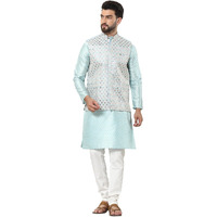 Sojanya (Since 1958 Men's Silk Blend Printed Sky Blue Kurta And Cream Pyjama With Designer Sky Blue Nehru Jacket