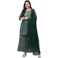 Stylum Women's Bandhej Printed & Embroidered Kurta Sharara Dupatta Set (Ksdgreenberry42_Green, Xl)