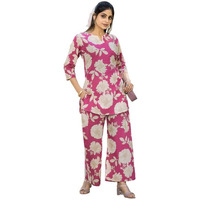 Pinkmint Womens Pure Cotton Co Ord Set L Flower Printed Co Ord Set L Stylish Pocket & 3/4 Sleeve Women Co-Ord Set