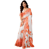 Satrani Womens Linen Zari Border Printed Ready To Wear One Minute Pre Pleated Readymade Saree With Unstitched Blouse Piece (34Rs327N_White & Orange)