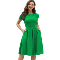 Shasmi Girls & Womens Solid Green Color Solid Slant Pocket Fold Pleated, Women Cocktail Party Vintage Style With Pockets Big Swing Simple Retro Dress (Dress 166 Green-L)