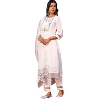 Shiv Textiles Womens Chanderi Silk Embroidered Kurta Pant Dupatta Set(Jda-Vidya-Offwhite-L)