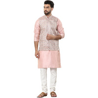 Sojanya (Since 1958 Mens Silk Blend Striped Design Pink Kurta And Cream Pyjama With Designer Pink Nehru Jacket