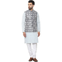 Sojanya (Since 1958 Mens Cotton Embroidered Grey Kurta And White Pyjama With Embroidered Grey Nehru Jacket