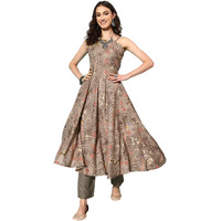 Varanga Women Brown Spaghetti Strap Style Anarkali Kurta Paired With Contrast Bottom And Dupatta