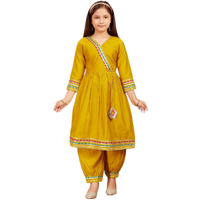Aarika Girls Ethnic Wear Yellow Colour Solid With Gota Lace Work Silk Kurti Patiala Set (5-11 Years)