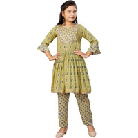 Aarika Girls Ethnic Wear Green Colour Leaf Pattern With Gota Lace Rayon Kurti Pant Set (4-15 Years)