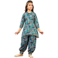 Aarika Girls Ethnic Wear Sea Green Colour Abstract Printed Cotton Kurti Patiala Set With Belt-(10-13 Years)-(Pt-30578-Green-34)