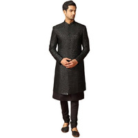 Kisah Men's Kurta Indo-Western Sherwani Churidar Set, Black Jacquard, Woven Regular Fit Mandarin Collar Long Sleeves (44)