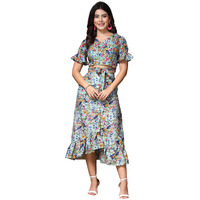Oomph! Crepe Crop Top And Skirt Set For Women, Blue - Coord_Mt893Msk201