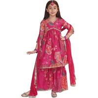 Preneum Girls's Cotton Rayon Gota Pati Multi Floral Printed Angrakha Kurta With Sharara & Dupatta, Pink, 15-16 Years