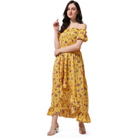 Oomph! Flared Dress For Women Stylish | Long One Piece For Women | Off Shoulder Puff Sleeve Long Dress | Floral Print Maxi One Piece | Western & Fusion Wear Bohemian Style