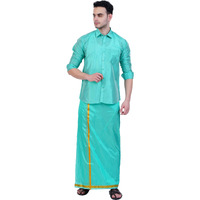 Prakasam Cotton-Mens Art Silk Wedding Set/Art Silk 8 Mulam (8-Yard) Dhoti And Stitched Full Sleeve Shirt
