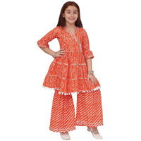 Preneum Girls's Cotton Rayon Bandhani & Lahariya Printed Angrakha Kurta With Sharara & Dupatta, Orange, 9-10 Years
