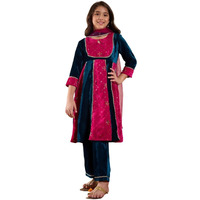 Pspeaches Girl's Silk Kurta Set (Ks-Magseqvelvet-13-14Y_Teal