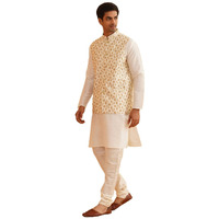 Sojanya (Since 1958 Men's Silk Blend Cream Kurta Pyjama With Embroidered Cream Nehru Jacket