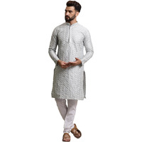 Sojanya (Since 1958 Men's Silk Blend Light Grey Embroidered Kurta & White Churidar Pyjama Set