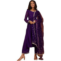 Varanga Zari & Sequin Embroidered Flared Kurta With Bottom And Dupatta Purple