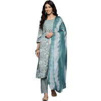 Varanga Women's Turquiose Blue Round Neck Embroidered Yoke Printed Kurta Paired With Printed Bottom & Tie-Dye Dupatta