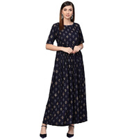 Idalia Navy Blue Gold Pure Cotton 3/4 Sleeve Kurta Set With Dupatta For Women