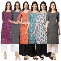 Pinkmint Women's Crepe Digital Print Straight Kurta [Pack Of 6] Multicolour