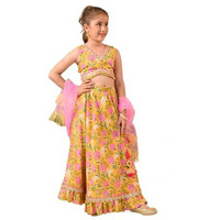 Pspeaches Girl's Cotton Lehenga Choli (L-Mustardpinkflower_Yellow_8-10Y)