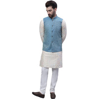Sojanya (Since 1958 Mens Silk Blend Cream Kurta And Cream Pyjama With Peacock Blue Silk Nehru Jacket