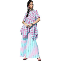 Ziyaa Womens Cotton Salwar Suit Set (Zikuco3593Andpl-M_Sky Blue And Fuchsia_M)