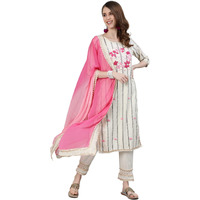 Ishin Womens Pure Cotton Embroidered A-Line Kurta Suit Set With Dupatta & Pants Dhkpldpnk-13044_M_Off White