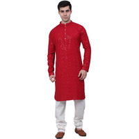 Jompers Men Cotton Chikankari Embroidered And Sequence Kurta With Churidar (Maroon, S)