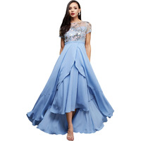 Miss Chase Womens Round Neck Short Sleeve Floral Layered Midi Dress (Mcss25D93-48-231-04, Multicolored Base Sky Blue, M)