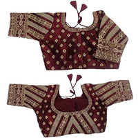 Pujia Mills Womens Indian Ethnic Wear Stitched Designer Golden Codding With Zari Embroidered Work Round Neck Half Sleeve Readymade Padded Saree Blouse Maroon Readymade Work Blouse