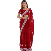 Satrani Womens Shimmer Chiffon Embroidery And Sequin Work Saree With Unstitched Blouse Piece (4136S154N_Red)