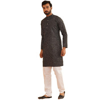 Sojanya (Since 1958 Mens Cotton Linen Black Foil Printed Kurta And White Pyjama Set