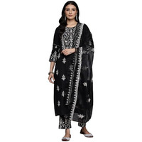 Varanga Womens Black Round Neck Thread Embroidered Kurta Paired With Bottom And Dupatta