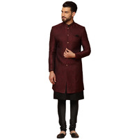 Kisah Mens Kurta Sherwani Churidar Set Silk Blend Jacquard, Indo-Western Ethnic Wear For Men, Maroon, 42