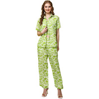 Popwings Casual Floral Printed 3-Piece Co-Ord Set For Women || Co-Ord Set For Women Western Summer Office Wear || Crop Top, Trouser And Shirt Set For Women Light Green