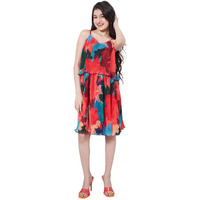 Pspeaches Chic Girls Abstract Printed Georgette Fit Flare Dress Red Color Fashionable Dress (15-16Years)