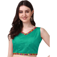 Pujia Mills Womens Phantom Silk V Neck Deep Back Multicolored Tussel Jhumka Foil Mirror Lace Work Sleeveless Readymade Saree Blouse For Lehenga Choli